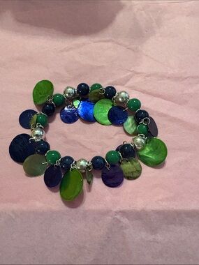 Beaded Disc Charm Bracelet - Green & Blue